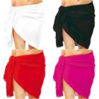 A collage of four images showing a person wearing sarongs in different colors: white, black, red, and pink. Each sarong is tied at the side, creating an asymmetrical hemline. The background is plain white.