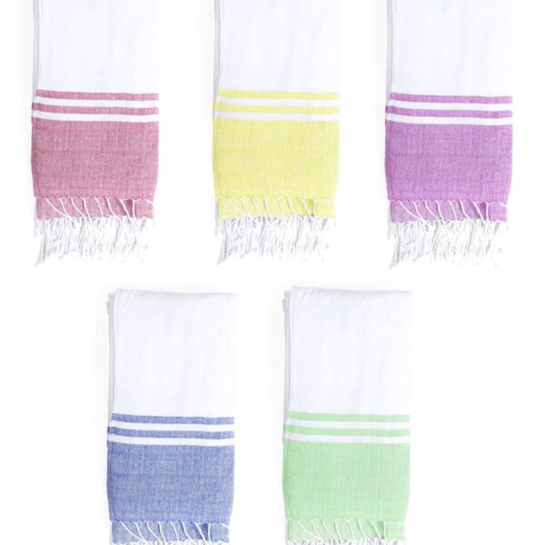 Five folded, white towels with fringed edges. Each towel has two colored stripes: pink, yellow, purple, blue, and green. Arranged in two rows, with three towels on top and two on the bottom.