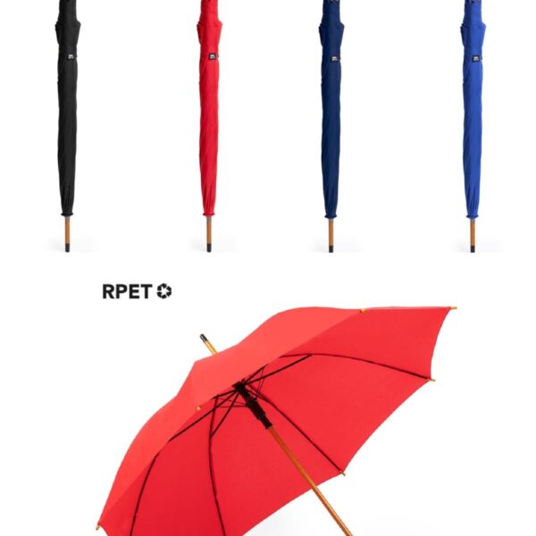 Four closed umbrellas with wooden handles in black, red, and blue are shown at the top. Below, an open red umbrella with a wooden handle is displayed. The text RPET with a recycling symbol is present.