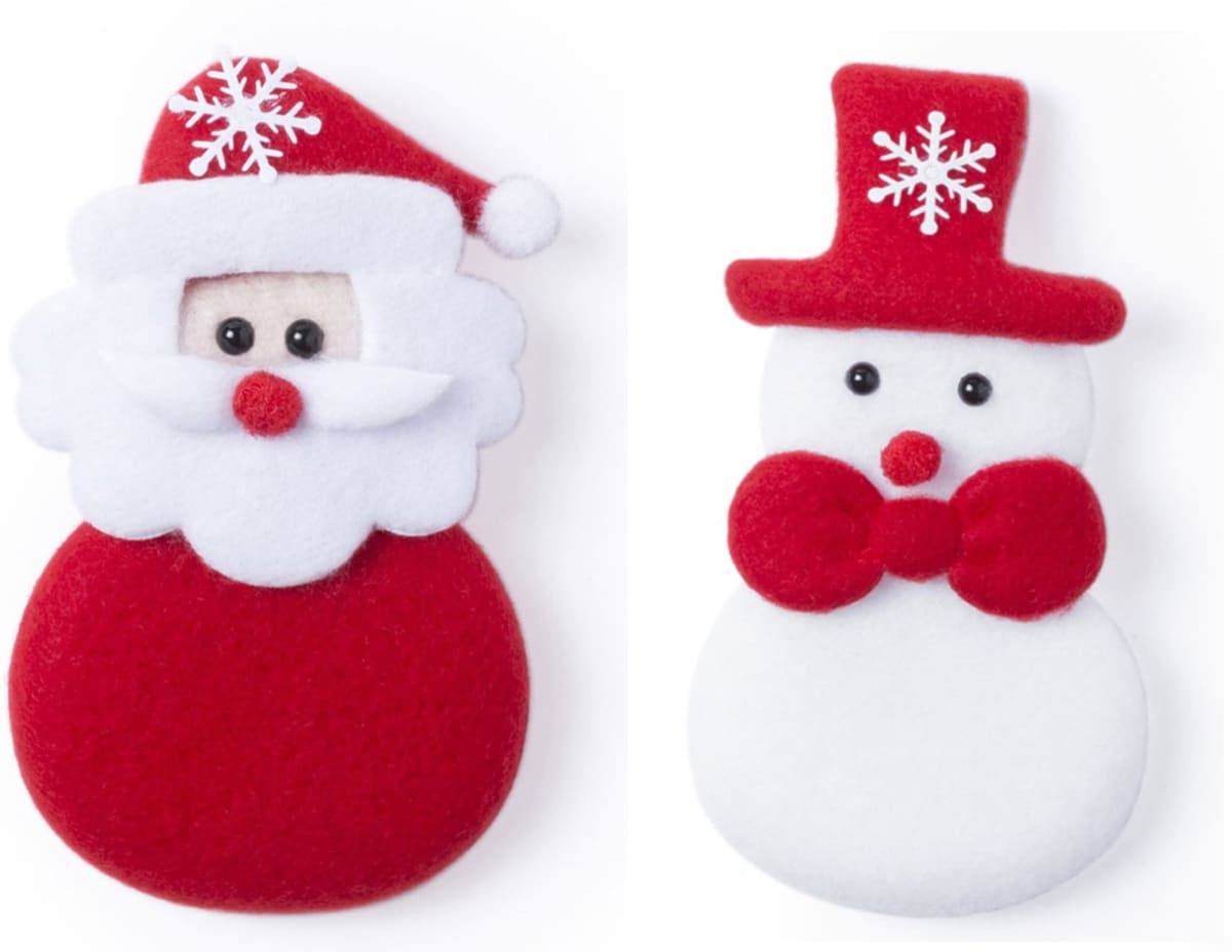 Two felt Christmas ornaments: a Santa Claus with a red hat and round nose, and a snowman with a red top hat and bow tie. Both have black button eyes and snowflake decorations on their hats.