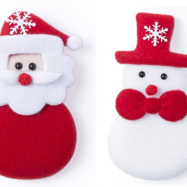 Two felt decorations: a Santa figure with a red hat and white beard, and a snowman with a red top hat and bow tie. Both have black eyes and a red nose, each adorned with a white snowflake pattern on the hat.