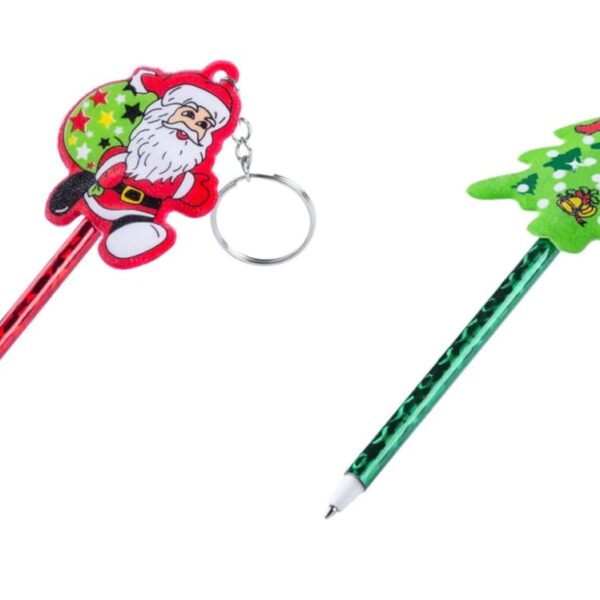 Two pens with festive designs and keychains. The left pen is red with a Santa Claus design, and the right pen is green with a Christmas tree design. Both have clear pen tips and silver keyring attachments.