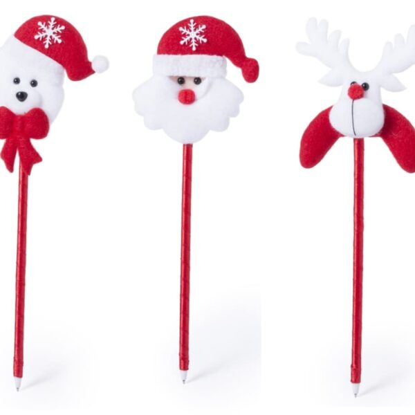 Three festive pens with red bases. The first pen has a bear with a Santa hat and bow, the second has a Santa face with a red hat, and the third features a white reindeer with antlers and a red nose.