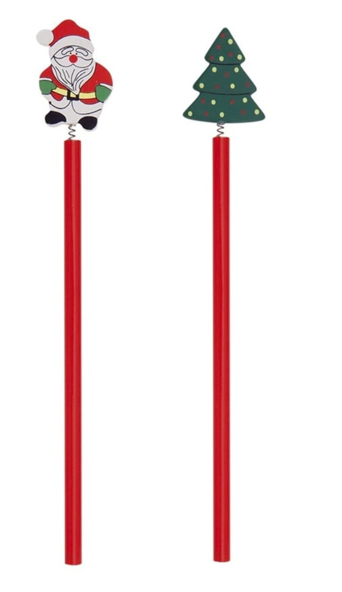 Two red pencils with festive toppers: one with a Santa Claus figurine and the other with a Christmas tree adorned with colorful dots.