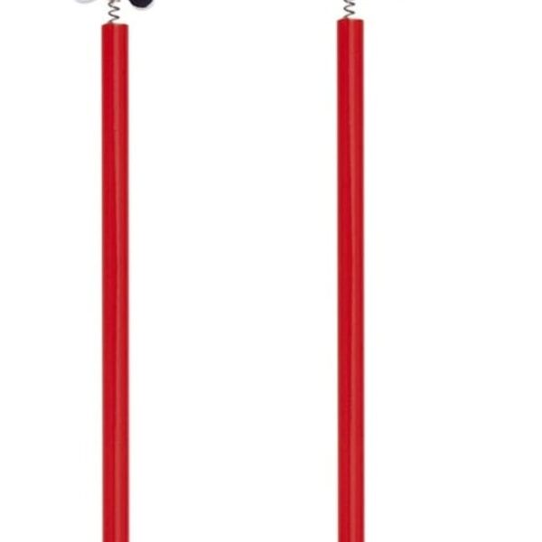 Two red pencils with festive toppers: one with a Santa Claus figurine, the other with a decorated Christmas tree. Both toppers are attached with small springs.