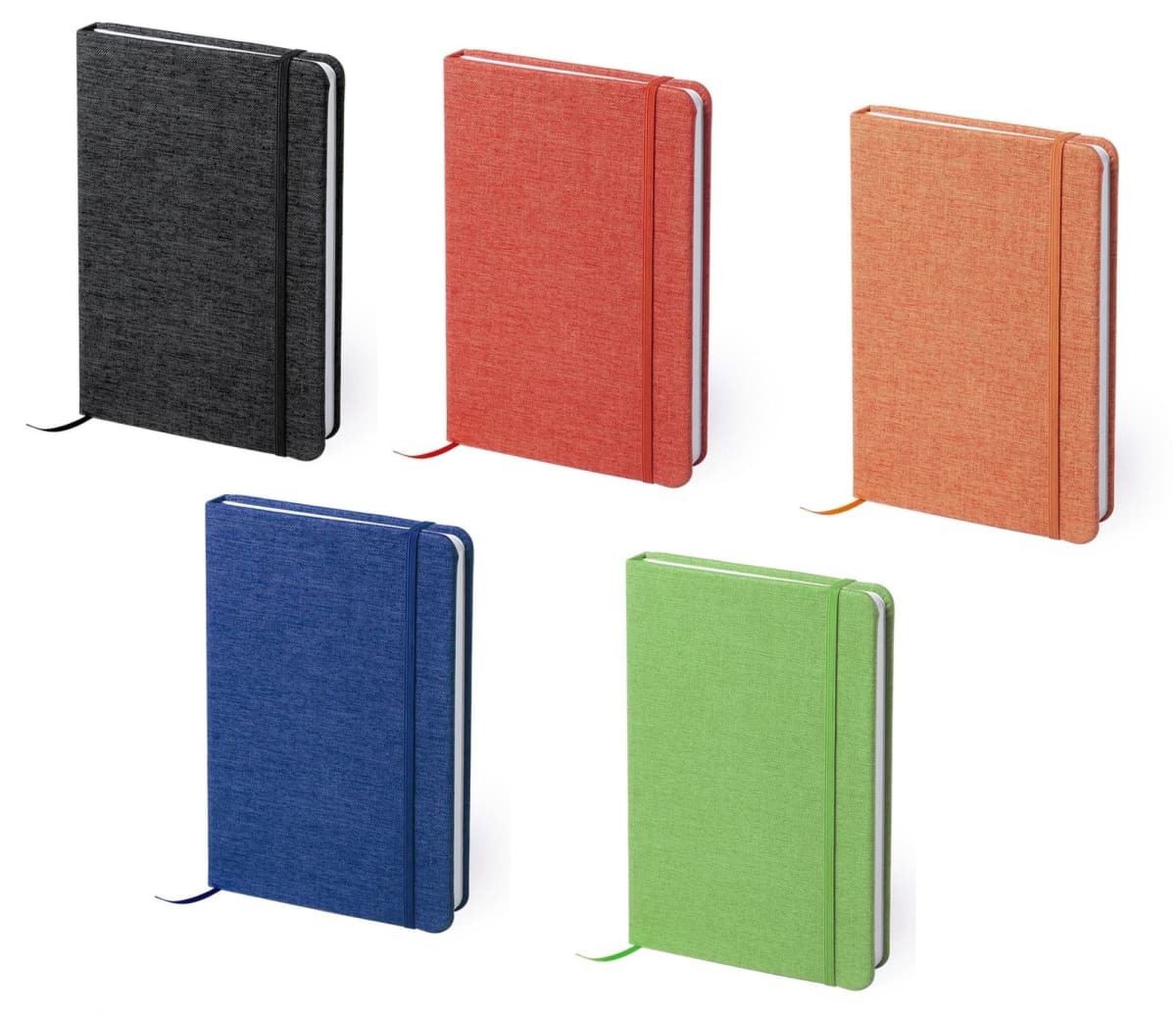 Five hardcover notebooks in different colors: black, red, blue, green, and orange. Each notebook has a matching elastic band and ribbon bookmark. They are arranged in two rows against a white background.
