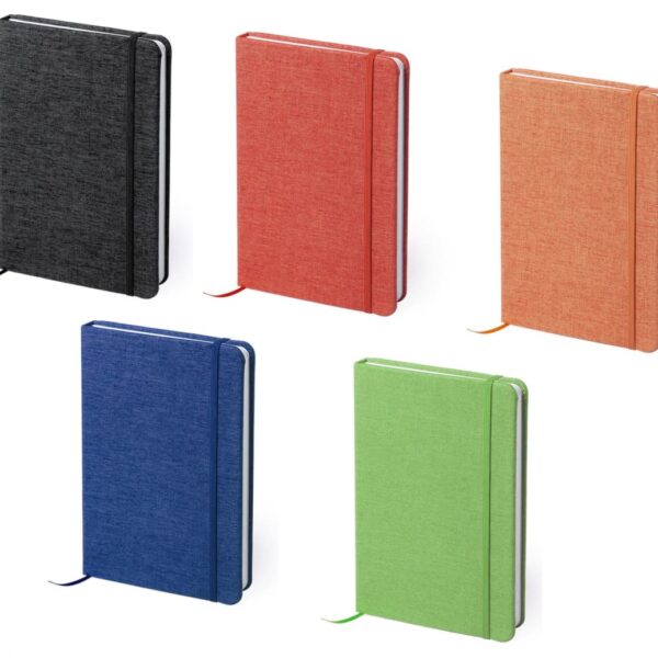 Five hardcover notebooks displayed in rows, featuring textured covers in black, red, orange, blue, and green. Each notebook has an elastic band closure and a ribbon bookmark, all on a white background.