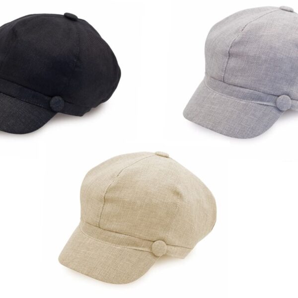 Three newsboy caps are displayed: one black, one gray, and one beige. Each cap has a round button on the side, with a short brim and a classic, rounded shape. The caps are arranged against a plain white background.
