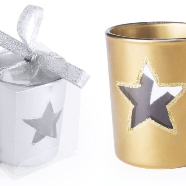 Two candle holders featuring star cutouts; one in silver with a bow-tied gift box, and the other in gold with glitter accents, both designed to let candlelight shine through the star shapes.