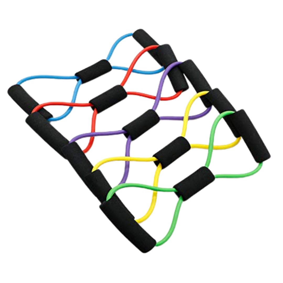 The Corporate Gifts - Exerciser is a vibrant foot massage pad with interconnected bands in red, blue, purple, yellow, and green. It includes black foam handles for better grip and is ideal for stretching the feet, making it a perfect unique choice for corporate gifts.