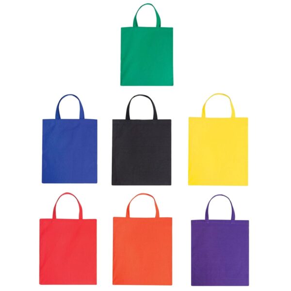Seven colorful tote bags arranged in a grid. Top row: green, blue, black, yellow. Bottom row: red, orange, purple. Each bag has two handles and appears solid without patterns.