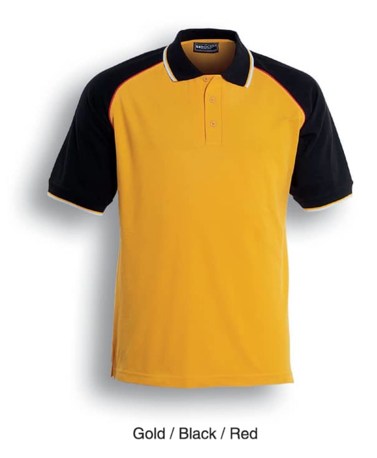 Gold polo shirt with black sleeves and red accents on the sleeve edges and collar. The shirt features a button placket and a contrasting collar. Text beneath reads Gold / Black / Red.