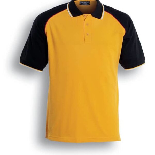 Yellow polo shirt with black sleeves and red accents. The shirt has a collar and three buttons down the front. Described as Gold/Black/Red.