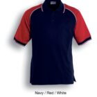 A navy polo shirt with red sleeves and white piping on the shoulders and collar. The shirt has a standard collar and buttons.