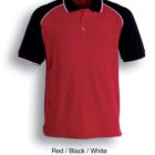 Red polo shirt with black sleeves and white trim. The buttons and collar are red, and there is black and white detailing along the sleeves and shoulders. Text below reads: Red / Black / White.