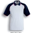 A polo shirt with a white body, navy blue sleeves and collar, and red piping accents. The button-up collar adds a classic touch, combining style and comfort. Text below reads White / Navy / Red.