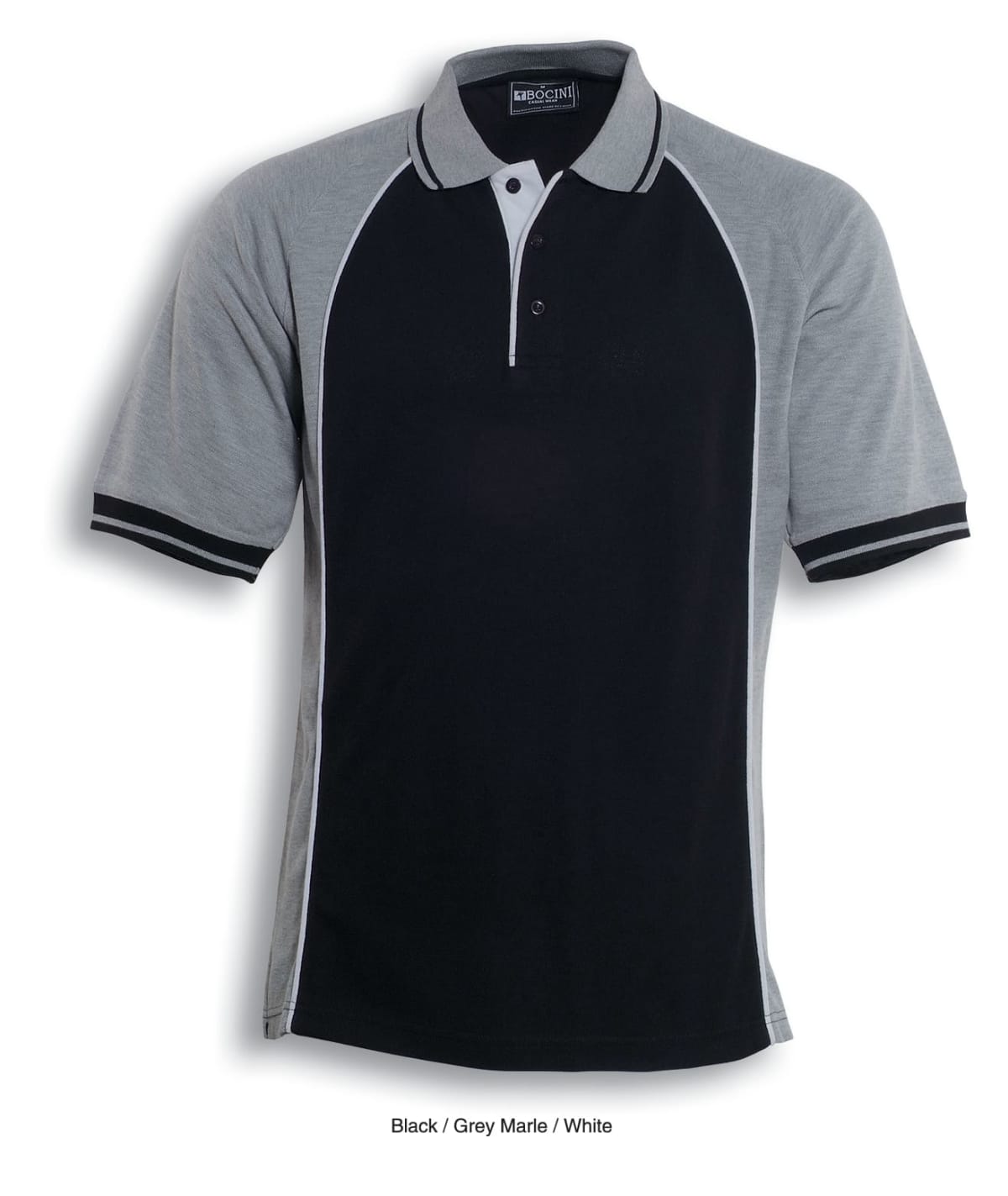 A short-sleeved polo shirt with a black front and collar, grey marle sleeves and sides, and white trim on the collar. There are three buttons on the placket. Labels indicate colors as black, grey marle, and white.