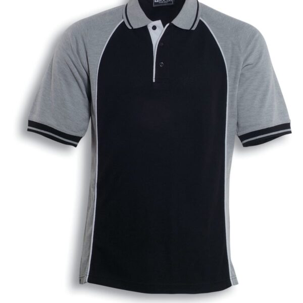 A short-sleeve polo shirt with a black front and grey marle sleeves and sides. It features white trim on the collar, black buttons, and black piping along the seam where colors meet. The collar is partially buttoned.