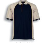 A short-sleeved polo shirt with a navy blue body and beige sleeves and collar. The shirt has gold piping along the front seam and black stripe accents on the collar and sleeve edges. The text below reads Navy / Sandstone / Gold.