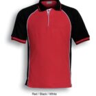 Red polo shirt with a black collar and sleeves, featuring white piping along the shoulders and sides. It has a three-button placket and black accents on the sleeve edges. Text below reads Red / Black / White.