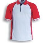 A sporty polo shirt with a white front, red sleeves and side panels, and navy blue trim along the button area. The collar is white with navy and red edging. The text below reads White / Red / Navy.