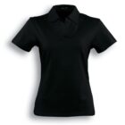Black short-sleeve polo shirt with a collar. The shirt is plain without any designs or logos, and is displayed on a white background.