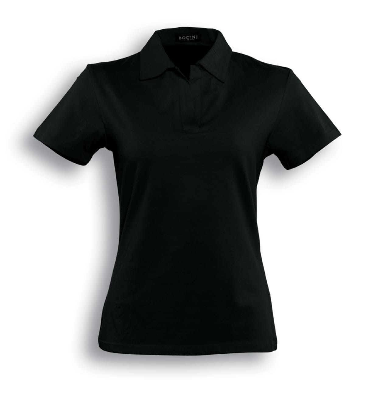 Black short-sleeve polo shirt with a collar. The shirt is plain without any designs or logos, and is displayed on a white background.