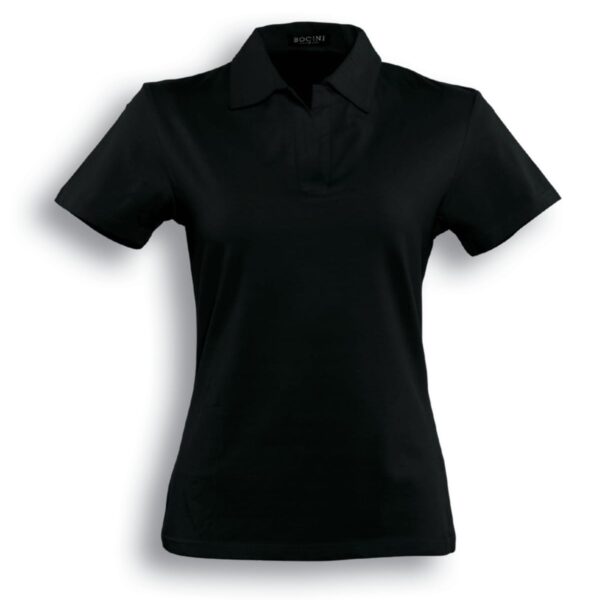 A black womens polo shirt with a folded collar and short sleeves is displayed against a white background. The shirt appears to have a tailored fit.