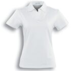 A plain white short-sleeve polo shirt with a collar and a V-neck overlap design. The shirt is displayed on a white background.