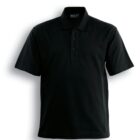 Black polo shirt on a white background, featuring a classic collar and three buttons.