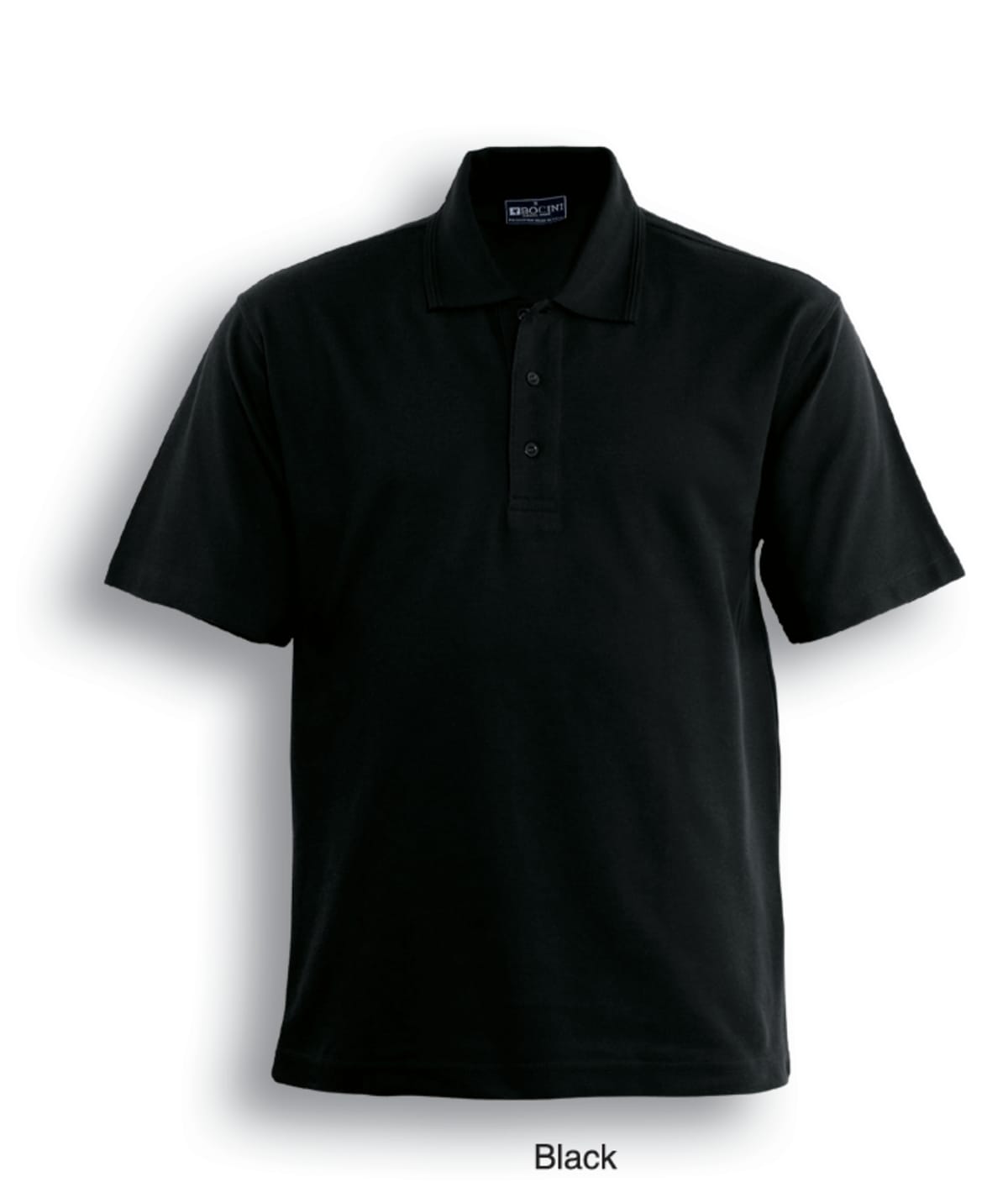 Black polo shirt on a white background, featuring a classic collar and three buttons.