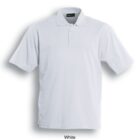 A plain white polo shirt with a collar and short sleeves is displayed. It has a three-button placket and is made of a lightweight fabric. The word White is written below the shirt.