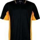 A black polo shirt with vibrant orange side panels and sleeves. The shirt has a classic collar and a three-button placket. The design is simple yet striking with a contrast between the dark and bright colors.