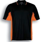 A black polo shirt with orange side panels and short sleeves. The shirt has a collar and three buttons on the placket. Below, text reads Black / Orange. The shirt is displayed on a plain white background.