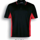 A black polo shirt with red side panels and accents on the shoulders. The shirt features a collar and a buttoned placket. The text Black / Red is below the image.