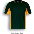 A short-sleeve polo shirt featuring a bottle green body with a black collar. It has gold panels on the sides and under the arms. The shirt is displayed against a white background.