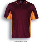 A short-sleeve, burgundy polo shirt with a gold panel on each side. The shirt has a collar and a buttoned placket. The text below reads Burgundy / Gold.