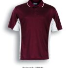 A short-sleeve polo shirt with a burgundy front and white side panels, featuring a collar and button closure. The text below reads Burgundy / White.