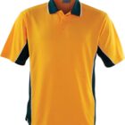 Yellow polo shirt with a dark green collar and side panels. The shirt has short sleeves and a three-button placket. The design is simple with contrasting colors.
