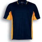 A navy blue polo shirt with gold side panels and trim on the collar. The shirt features short sleeves and a buttoned collar. The text below reads Navy / Gold.