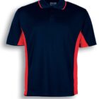 A navy blue polo shirt with red side panels and short sleeves. The shirt features a collar and a buttoned placket. The text below reads Navy / Red.