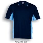 A navy and sky blue polo shirt with short sleeves. The main body is navy, while the sides and underarm areas are sky blue. The shirt has a buttoned collar.