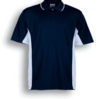 A navy blue polo shirt with a white panel on each side and a white collar lining. The shirt has a three-button placket and short sleeves. Below, the text reads Navy / White.