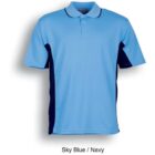 A light blue polo shirt with navy side panels and a collar. The shirt features a three-button placket. Text below reads Sky Blue / Navy.