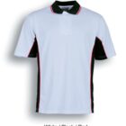 A white polo shirt with short sleeves featuring black panels on the sides and thin red accents along the seams. It has a collar and a three-button placket. The text below reads White / Black / Red.