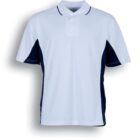 White polo shirt with navy side panels and navy trim on the collar.