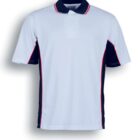 White polo shirt with navy and red accents. The collar is navy with red trim, and navy panels with red edges run along the sides. Short sleeves and a buttoned placket. Text below reads White / Navy / Red.
