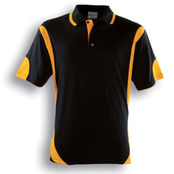 Black and gold short-sleeved polo shirt with a collar and three buttons. The shirt features a black base with gold panels on the sides and sleeves. The description below reads Black / Gold.