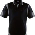 A black polo shirt with short sleeves featuring gray accents on the shoulders, sides, and underarms. The shirt has a button-up collar and is displayed against a white background.