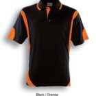 A short-sleeved polo shirt with a black body and bright orange accents on the shoulders, sides, and arm areas. It has a three-button placket and a collar. The shirt is displayed against a white background.
